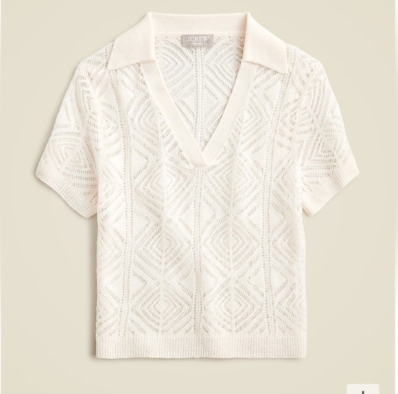 Pointelle Lace 100% Cashmere Polo Sweater - Picture 2 of 9